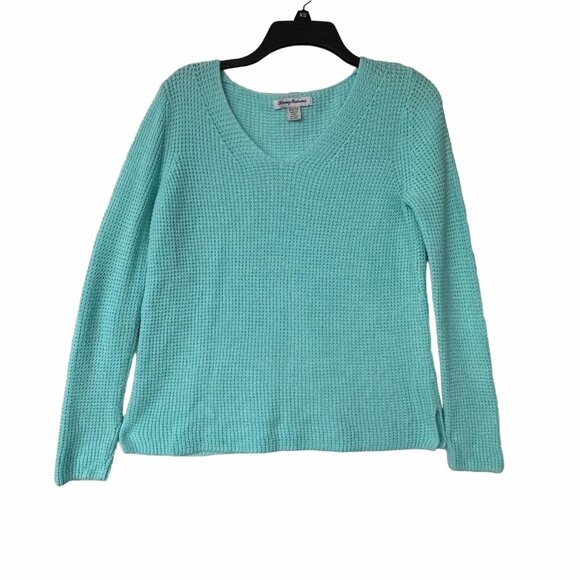 Tommy Bahama Sweaters - ⭐Sz XS Women Sweater knit Aqua Green Tommy Bahama 100% Cotton V-neck Long Sleeve